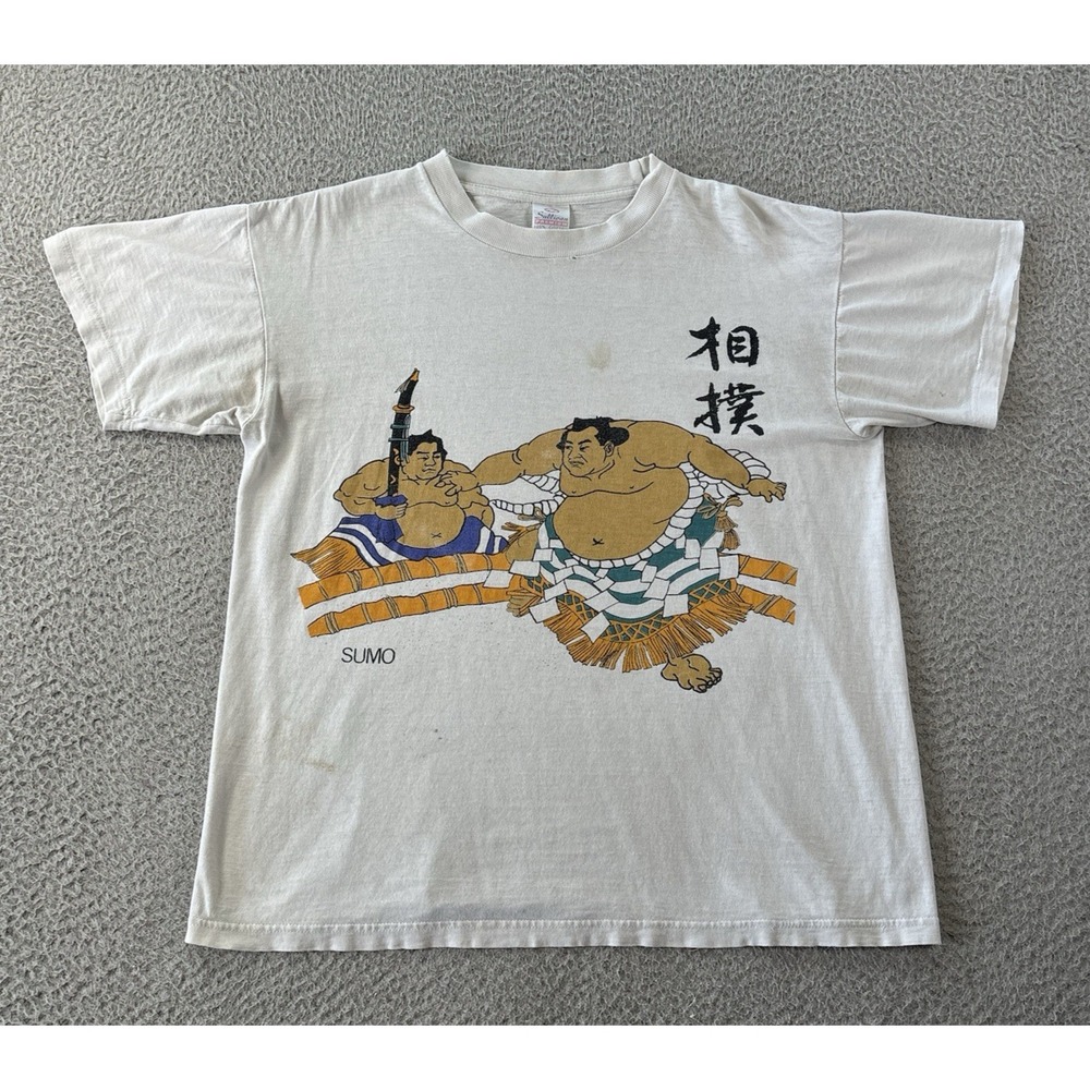 Vintage Sumo Wrestler T-Shirt Mens Medium Graphic Print 100% Cotton Distressed